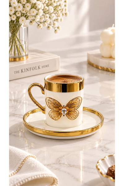 YzHome 2 Kişilik Beyaz Porselen Platin Gold Kaplama Lüks Kahve Fincan Takımı Seti 100ml