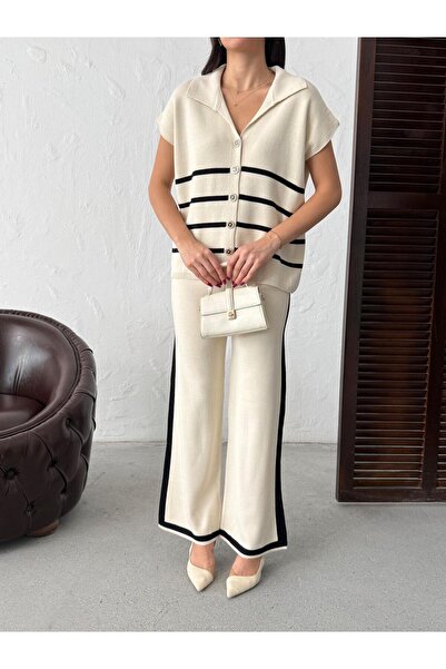 HKT HAK TEKSTİL Striped Short Sleeve Cardigan Pants Knitwear Two-Piece Set