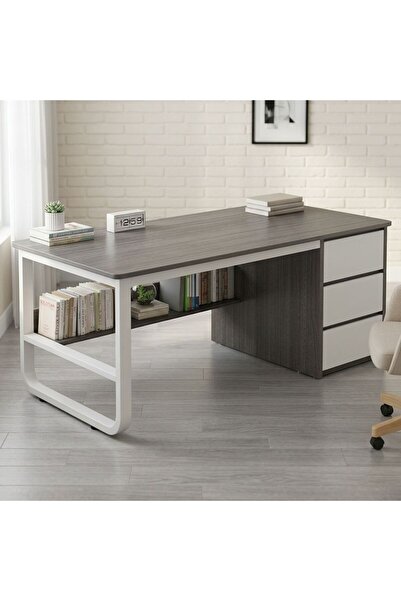 Vivendo Минималистично бяло бюро с рафтове - 160x60x73 см, идеално за малки п...