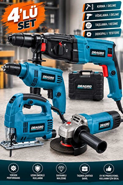 Dragro Çelik Şanzıman Elektrikli 4'lü Set Matkap, Taşlama, Kırıcı/Delici Hilt...