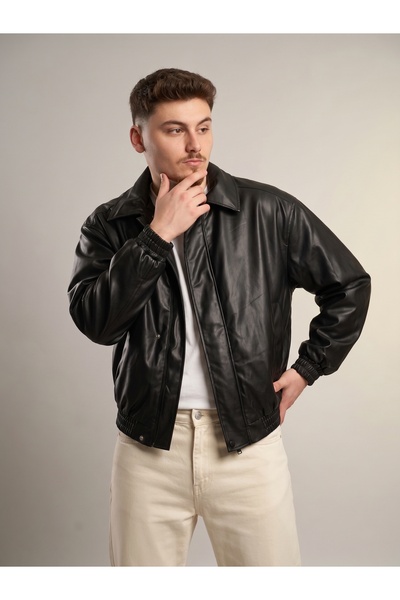 Erkek Oversize Deri Mont Gömlek Yaka Bomber Ceket