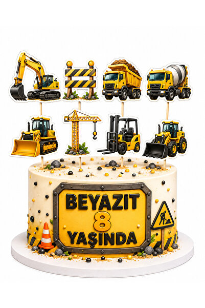 telaşe memuru İSİMLİ - İş Makinaları Temalı Pasta Süsü Çubuklu ve Şeker Kağıt...