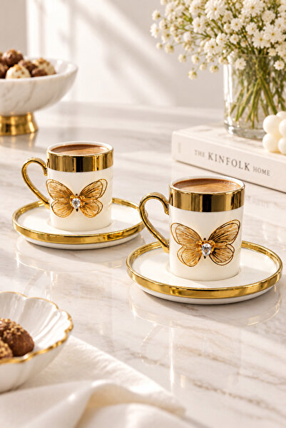 YzHome 2 Kişilik Beyaz Porselen Platin Gold Kaplama Lüks Kahve Fincan Takımı Seti 100ml