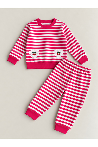 SANTRALBEBE Girl's Embroidered Cherry Striped Suit