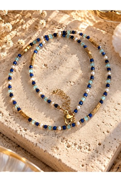 By Song Aksesuar Amazonite, Lapis Lazuli, Sand Pearl, and Hematite Natural Stone Necklace