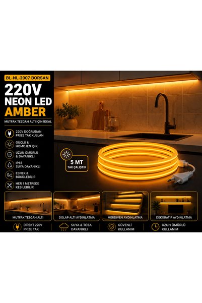 Borsan 5 Metre Amber Neon LED 220V TAK ÇALIŞTIR IP65 Esnek Hortum LED Ultra P...
