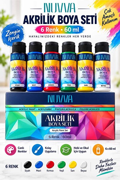 NUVVA Akrilik Boya 60 ml 6 renk Seramik taş tuval resim boyası seti Acrylic Paint Set