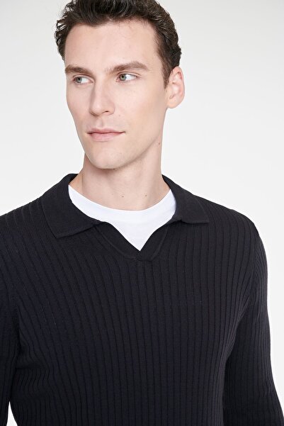 AC&Co / Altınyıldız Classics Erkek Lacivert Standart Fit Normal Kesim Polo Yaka Jakarlı Triko Kazak
