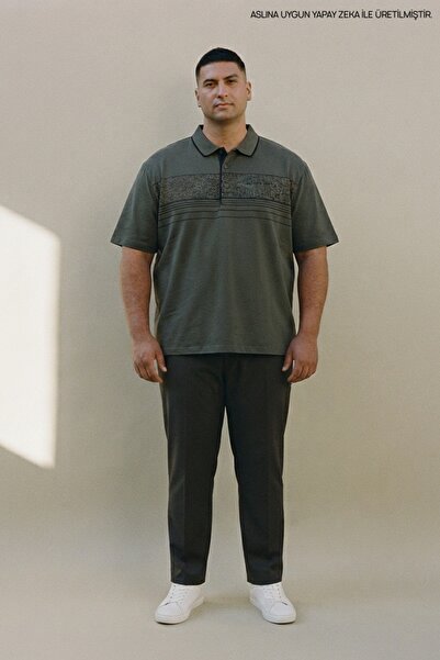 Maccali Khaki Plus Size Men's Textured Banded Polo Collar T-Shirt