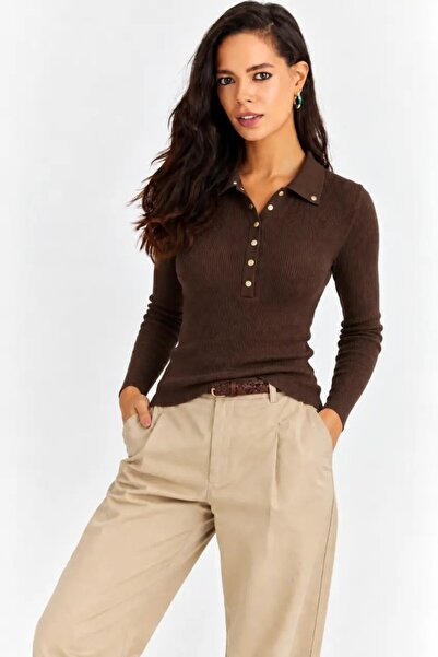 Cool & Sexy Women's Brown Polo Collar Buttoned Long Sleeve Ribbed Knitwear Bl...
