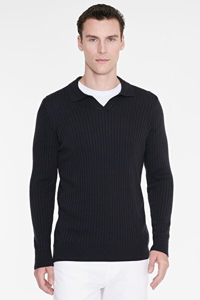 AC&Co / Altınyıldız Classics Erkek Lacivert Standart Fit Normal Kesim Polo Yaka Jakarlı Triko Kazak