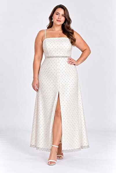 EVEN plus size Beyaz İpek Saten Kumaş Boncuk Taş İşemeli Abiye Büyük Beden El...