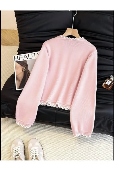 NATUFIAN STORE Women's Contrast Edged Basic Tube Sleeve Knitwear Cardigan