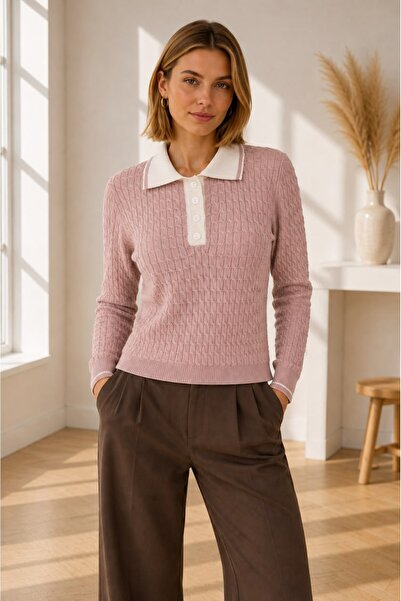Noi Belis Contrast Polo Collar Buttoned Embossed Patterned Knitwear Sweater A...