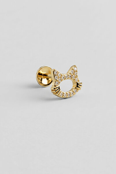So CHIC... Sevimli Kedi 18 Ayar Sarı Altın Kaplama Gümüş Flat-Lobe Piercing