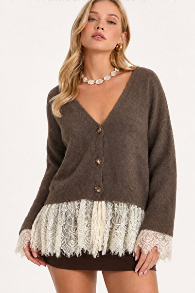 NATUFIAN STORE Women's Long Lace Detailed V-Neck Soft Basic Knitwear Cardigan