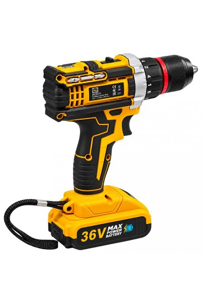 German Meister Mașină de găurit și înșurubat fără fir DCD771, 36V, mandrină de 10 mm, 2 viteze 0–450 / 0–1500 rpm, 2 baterii, încărcător, set de accesorii și cutie