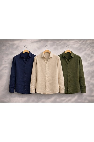 pepule Economical 3-Piece Muslin Linen Men's Shirt Set – Summer, Breathable, ...