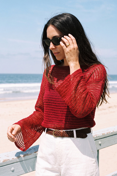CHUBA Women's Mesh Knit Openwork Boat Neck Knitwear Blouse Red 27W3051