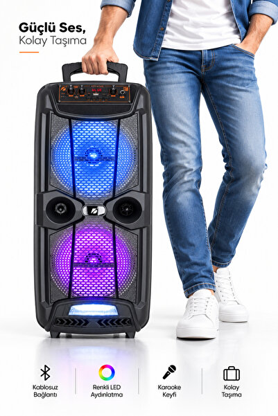 omitech Taşınabilir Bluetooth Karaoke Hoparlör Mikrofonlu RGB LED Typ-C Şarjlı Parti Hoparlörü AUX TF FM Radyo TWS