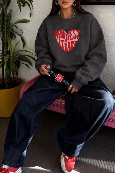 Monila Kadın Premium Kumaş 3 İplik Şardonlu Manifest Baskılı Sweatshirt