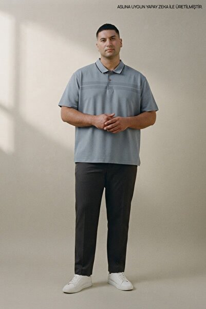 Maccali Ice Blue Large Size Men's Striped Polo Collar T-Shirt