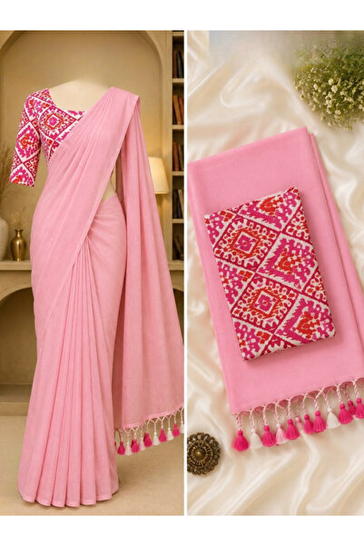 MYSMAR Pink Khadi Cotton Saree with Printed Blouse - EFS9645 | Pink-Size-0