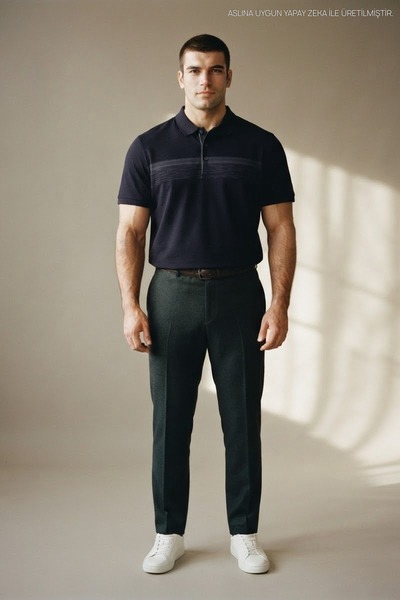 Maccali Navy Blue Large Size Men's Printed Banded Polo Collar T-Shirt