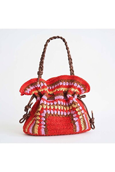 Ritzz Hand Knitted Raffia Flamenco Style Women's Bag - Orange