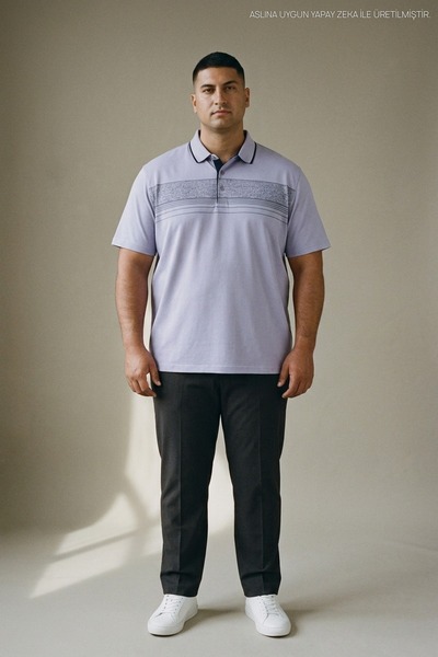 Maccali Lila Large Size Men's Textured Banded Polo Collar T-Shirt