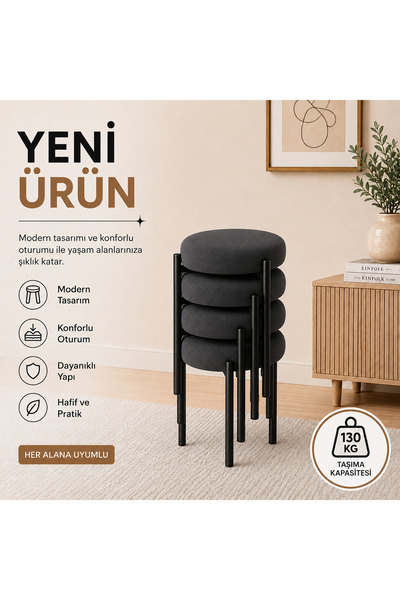 CEMRE 4LÜ PUF TABURE BENCH MAKYAJ SANDALYESİ SİYAH AYAK