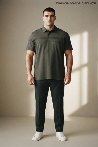 Maccali Khaki Plus Size Men's Printed Banded Polo Collar T-Shirt