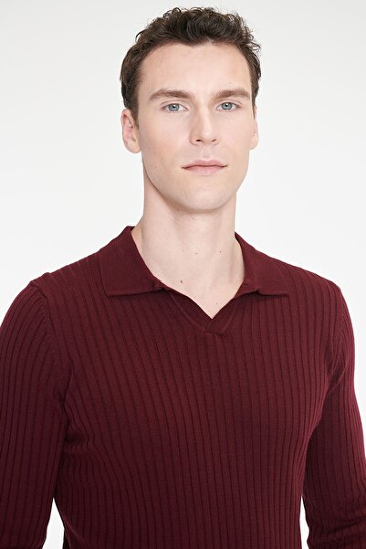 AC&Co / Altınyıldız Classics Erkek Bordo Standart Fit Normal Kesim Polo Yaka Jakarlı Triko Kazak