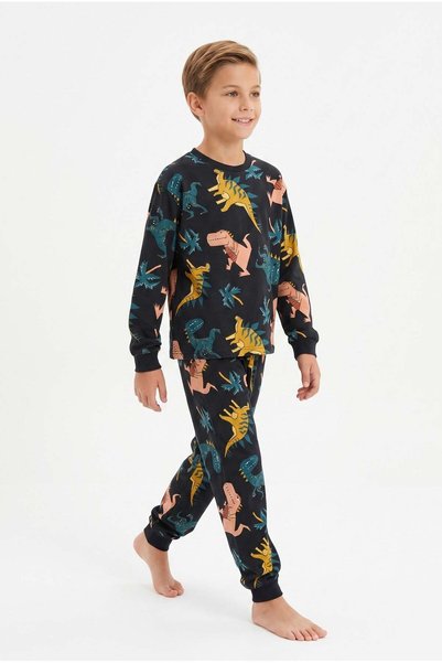 pistyle Boy's Dinosaur Patterned 100% Cotton Reactive Dyed Single Jersey Fabric Long Sleeve Pajama Set