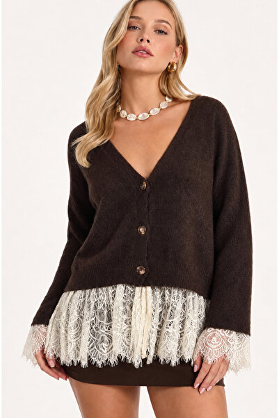 NATUFIAN STORE Women's Long Lace Detailed V-Neck Soft Basic Knitwear Cardigan