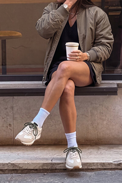 Marjin Kadın Süet Detaylı Çok Parçalı Bağcıklı Günlük Sneaker Spor Ayakkabı Asune Beyaz