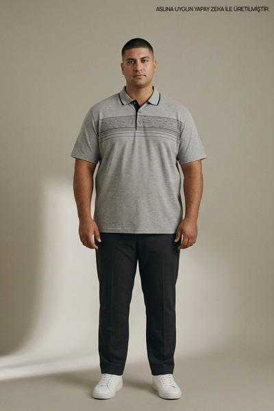 Maccali Gray Plus Size Men's Textured Banded Polo Collar T-Shirt