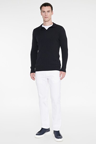 AC&Co / Altınyıldız Classics Erkek Lacivert Standart Fit Normal Kesim Polo Yaka Jakarlı Triko Kazak