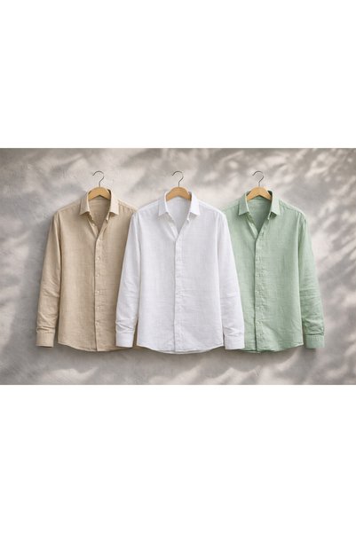 pepule Economical 3-Piece Muslin Linen Men's Shirt Set – Summer, Breathable, ...