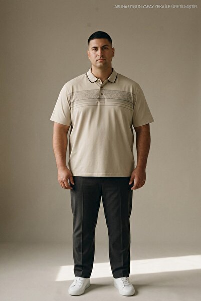 Maccali Beige Plus Size Men's Textured Banded Polo Collar T-Shirt