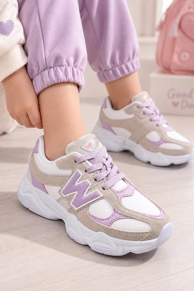 Kid's World Bağcıklı Kalın Taban Kız Çocuk Spor Ayakkabı 90-60 Gri-Mor