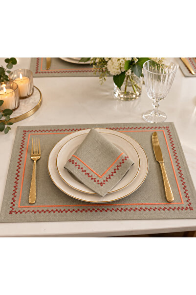 Zeren Home 6’lı Nakışlı Piko Taş Renk Amerikan Servis 35x45 cm – Keten Görünü...