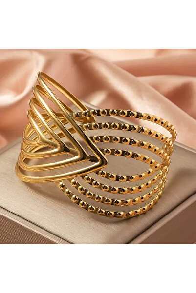 Peach Jewelry Χρυσό Κομψό Γεωμετρικό Βραχιόλι με Ανάγλυφο Σχέδιο από Ανοξείδω...