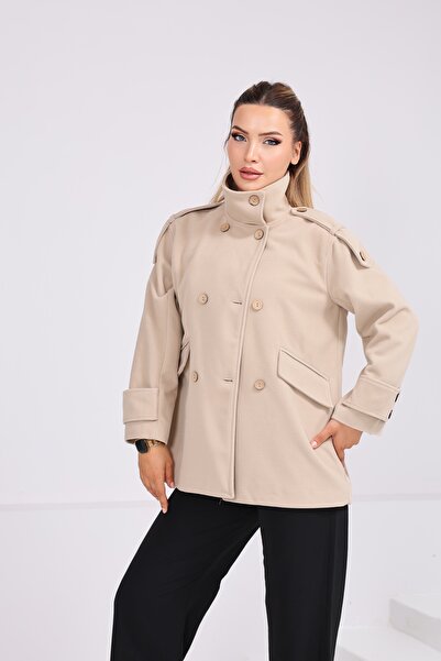 SahraAfra Women's Oversize Stand Collar Buttoned Pocket Short Cashmere Coat