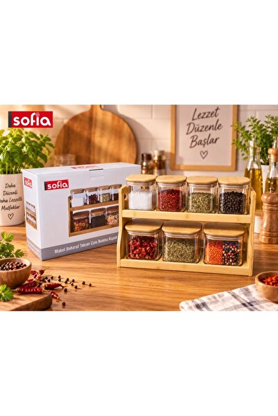 KAPLANBABA 8 Piece Glass Spice Rack Set with Bamboo Stand