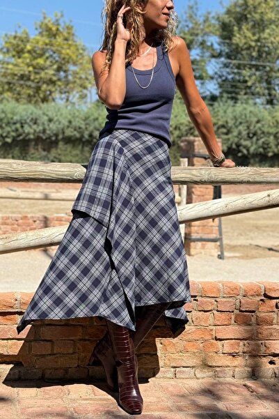 Güneşkızı Navy Blue Plaid Layered Asymmetrical Design Woven Skirt 30 75