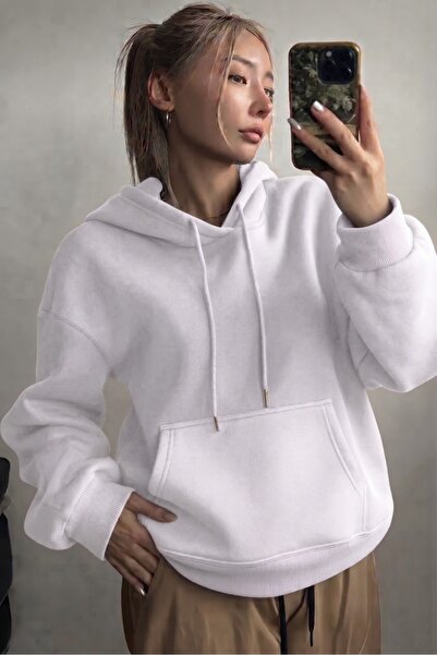 CAST COLLECTİON Women's White 3 Thread Pneye Hooded Sweatshirt