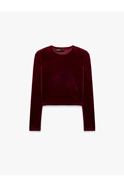 Koton Long Sleeve Crew Neck Slim Fit Velvet Crop T-Shirt