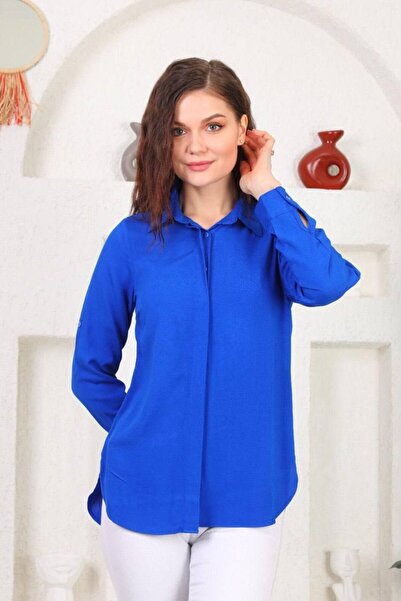 Polologin Butik Μπλε πουκάμισο Saks από ποπλίνα με κρυφά κουμπιά