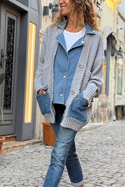Güneşkızı Gray Jacket with Collar, Buttons, Pockets, Striped Lining, Design, ...